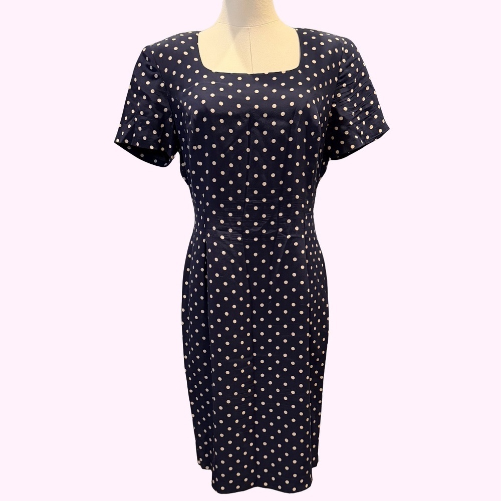VTG 80s Spenser Jeremy 100% Silk Shoulder Pad Polkadot Navy Dress Sz 8